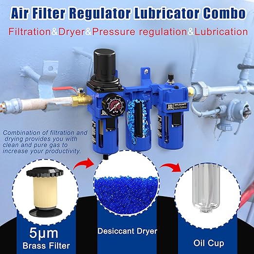 NEWPO 3/8" NPT Air Compressor Water Separator-Air Filter Regulator Lubricator Combo, Water/Oil Trap Separator,Brass Filter & Desiccant Dryers,Semi-Auto Drain,Metal Bracket-Blue