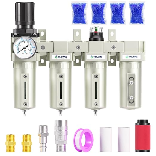 TAILONZ PNEUMATIC 0-240PSI 3/4 Inch NPT Industrial Grade 4 Stage Air Drying System, Double Particulate Filter, Coalescing Filter, Desiccant Dryer and Air Regulator (Manual Drainage）