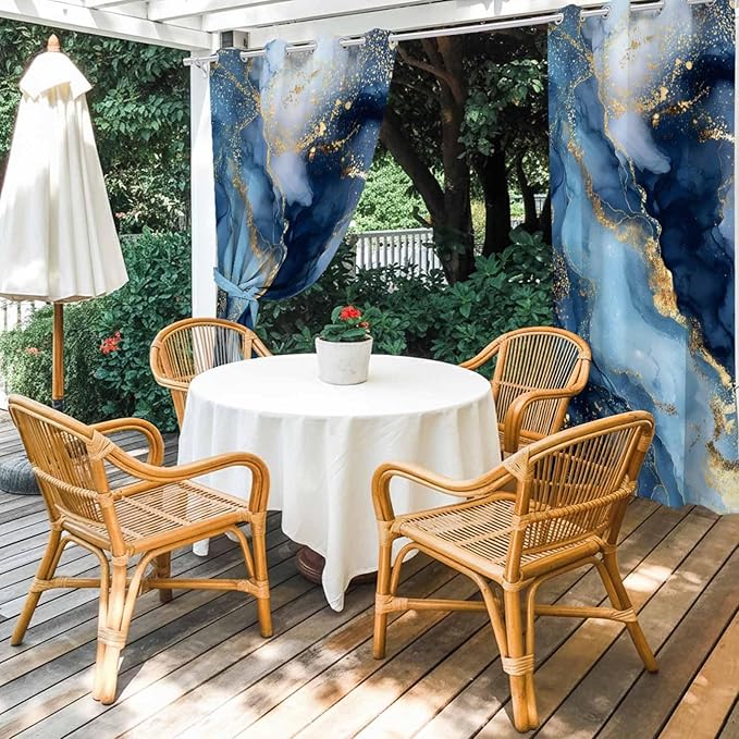 Marble Texture Outdoor Curtains for Patio Abstract Gradient Blue Golden Gorgeous Waterproof Outside Curtains with Grommet Top Weatherproof Curtain for Cabana Pergola Gazebo, 2 Pack, 54" W x 84" L
