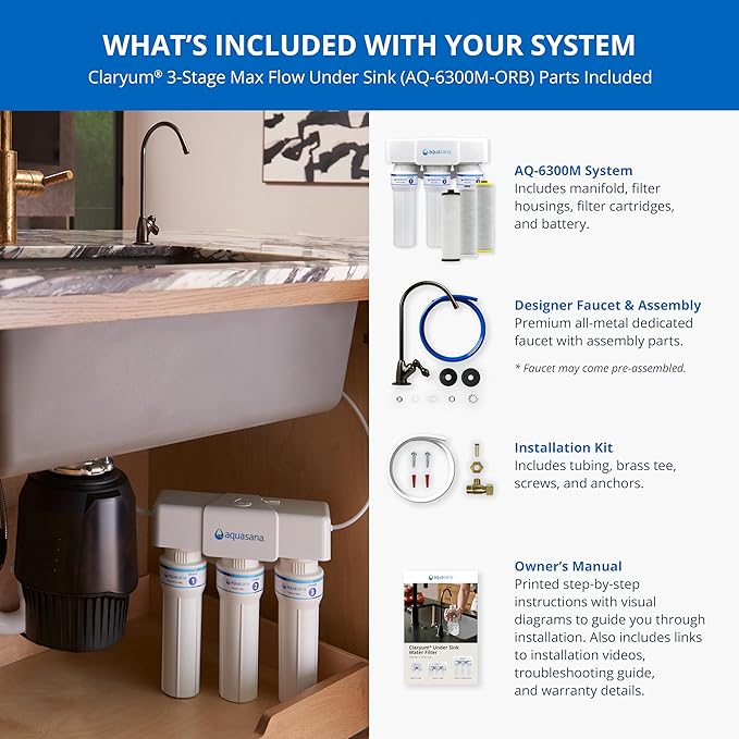 Aquasana Under Sink Water Filter | 3-Stage Max Flow Filtration | Reduces up to 99.99% of PFAS, Lead, Chlorine, & More | Under Counter Drinking Water Filter | Oil-Rubbed Bronze Faucet | AQ-6300M-ORB