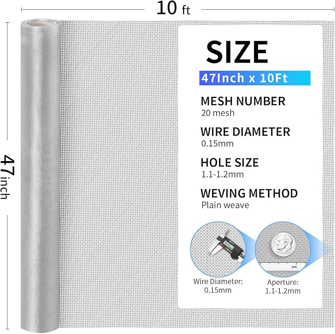 304 Stainless Steel Mesh, 47in x 10ft, 20 Mesh, Sturdy Metal Screen Roll for Window, Door, Air Vents, Filter, Cage, Garden, Patio, Pet (Sliver, 47inch x 10feet)