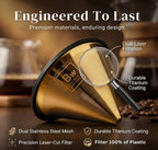 Barista Warrior Compatible with Hario V60 Pour Over Coffee Filters - Reusable Stainless Steel - Best Coffee Maker and Bar Accessories (Gold Titanium Coated)