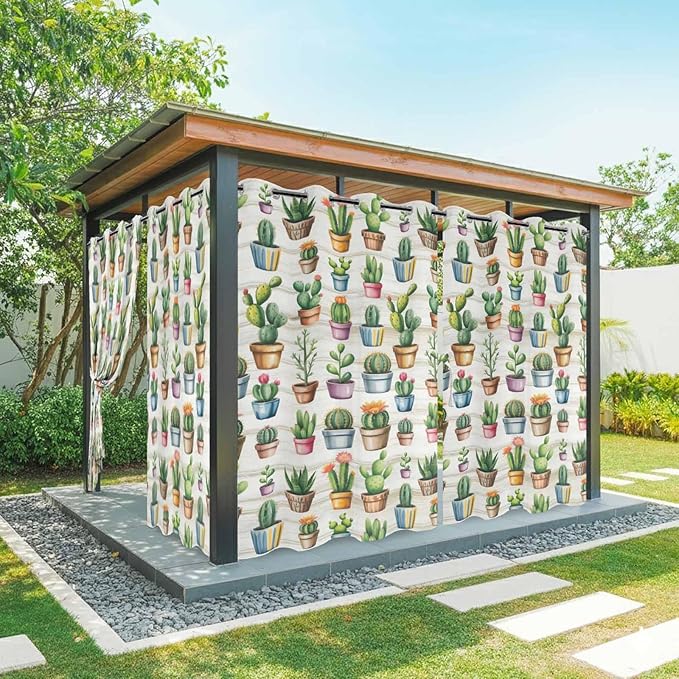 Summer Cactus Outdoor Curtains for Patio Cactus Tropical Plant Wooden Waterproof Outside Curtains with Grommet Top Weatherproof Curtain for Cabana Pergola Gazebo, 2 Pack, 54" W x 95" L