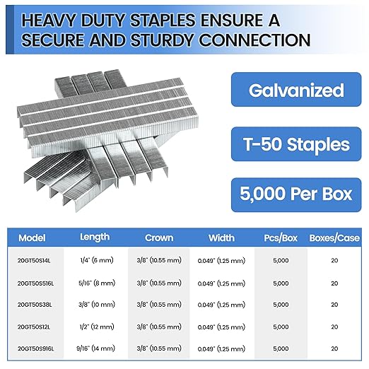 meite T-50 Staples, 5/16 Inch Length Heavy Duty Staples for Staple Gun, Galvanized, 20 Gauge 3/8" Crown, Compatible with T-50 Staple Gun, Ideal for Upholstery, Construction, Furniture (5,000 Counts)