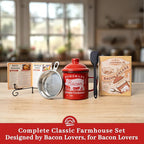 Bacon Grease Container with Strainer - With Food-Grade Silicone Spatula, 24oz Enamel Rustic Farmhouse Fat Container, Keeper, Recipes, Dishwasher Safe