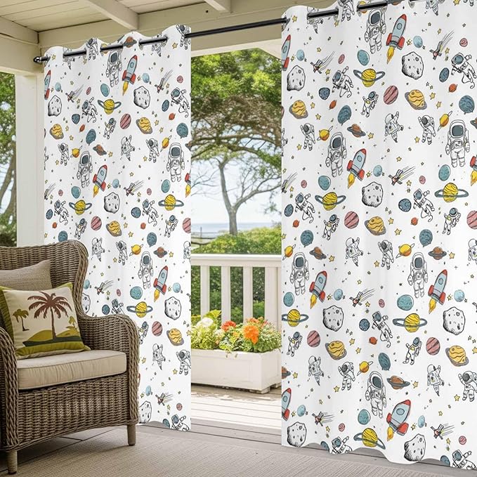 Cartoon Space Outdoor Curtains for Patio Astronauts Spacecraft Rockets Waterproof Outside Curtains with Grommet Top Weatherproof Curtain for Cabana Pergola Gazebo, 1 Panel, 54" W x 108" L
