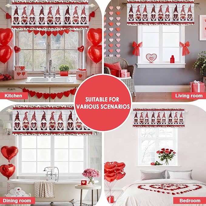 I Love U Valance Curtains for Kitchen, Valentine's Day Dwarf Romantic Wood Grain Privacy Rod Pocket Valance Curtain, Light-Filtering Window Treatment for Bedroom Bathroom, 60"x18"