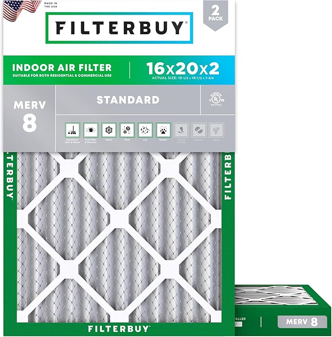 Filterbuy 16x20x2 Air Filter MERV 8 Essential Dust & Allergy Defense (2-Pack), Electrostatic Pleated HVAC AC Furnace Filters Replacement, Made in USA (Actual Size: 15.50 x 19.50 x 1.75)