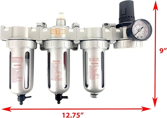 1/4" NPT MID FLOW 4 Stages Filter Coalescing Desiccant Dryer Regulator System For Compressed Air Lines, Poly Bowls, Great For Paint Spray And Plasma Cutter (MANUAL DRAIN)