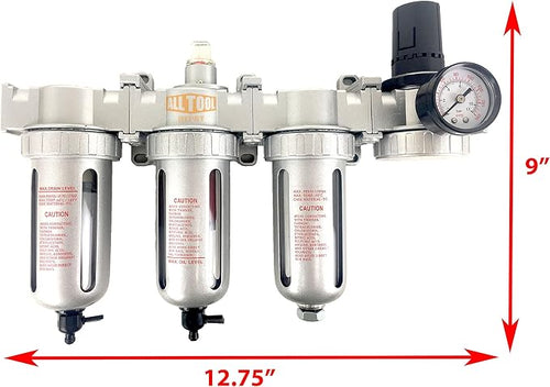 1/2" NPT MID FLOW 4 Stages Filter Coalescing Desiccant Dryer Regulator System For Compressed Air Lines, Poly Bowls, Great For Paint Spray And Plasma Cutter (MANUAL DRAIN)