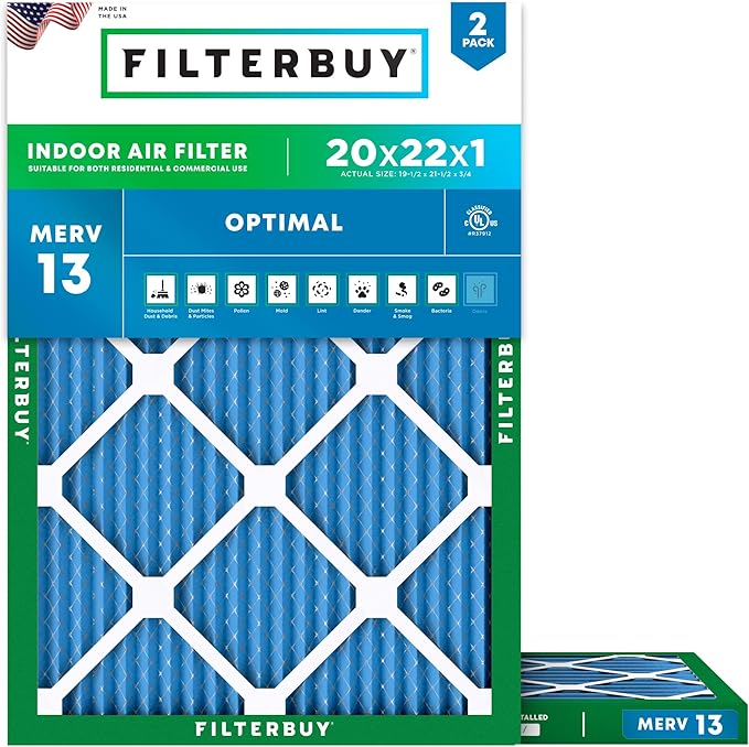Filterbuy 20x22x1 Air Filter MERV 13 Optimal Smoke & Allergy Defense (2-Pack), Electrostatic Pleated HVAC AC Furnace Filters Replacement, Made in USA (Actual Size: 19.50 x 21.50 x 0.75)