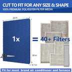 Reusable Air Filter 20x30x0.5,2 Packs Cut to Fit Furnace Filters,MERV 6 Electrostatic Washable Air Filter for HVAC,Mobile,Replacement Air Conditioner Filters,24 PCs Hooks