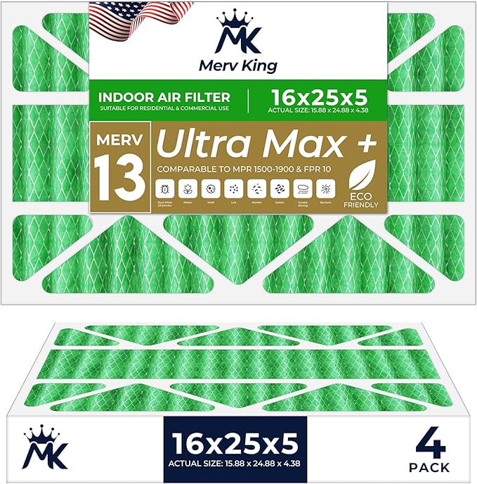 MervKing 16x25x5 Air Filter Actual Size: 15.88" x 24.88" x 4.38" MERV 13 MPR 1500-1900 | MADE IN USA | 4-Pack | Pleated HVAC AC Furnace Replacement