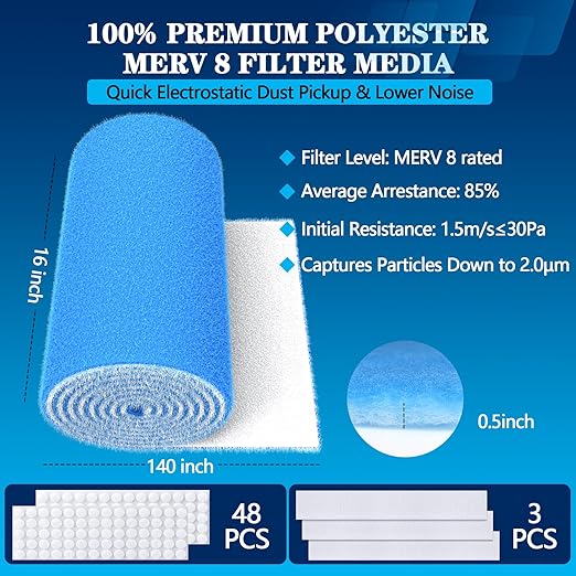 MERV 8 Air Vent Filters, 16" x 140"Cut to Fit Air Filter Material (100+ Filters),Electrostatic Triple Vent Filter for Floor, Ceiling, HVAC & RV Vents, Includes 48 Adhesive Hook Tape