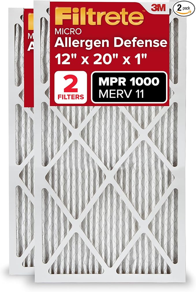 Filtrete 12x20x1 Air Filter, MERV 11, MPR 1000, Allergen Defense, 3-Month AC and Furnace Filter, Easy on Air Flow, 2 HVAC Filters (Actual Size 11.81x19.81x0.81 in)