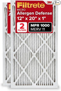 Filtrete 12x20x1 Air Filter, MERV 11, MPR 1000, Allergen Defense, 3-Month AC and Furnace Filter, Easy on Air Flow, 2 HVAC Filters (Actual Size 11.81x19.81x0.81 in)
