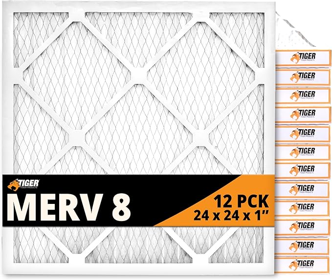 Tiger Tough 24x24x1 Air Filter MERV 8 MPR 600-800, High-Performance Pleated HVAC AC Furnace Filter Replacement for Home, 12-Pack