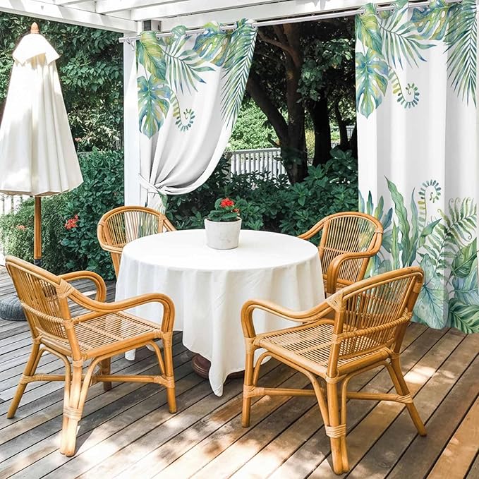 Leaves Outdoor Curtains for Patio Green Leaf Tropical Plants Farmhouse Pastoral Waterproof Outside Curtains with Grommet Top Weatherproof Curtain for Cabana Pergola Gazebo, 1 Panel, 54" W x 84" L