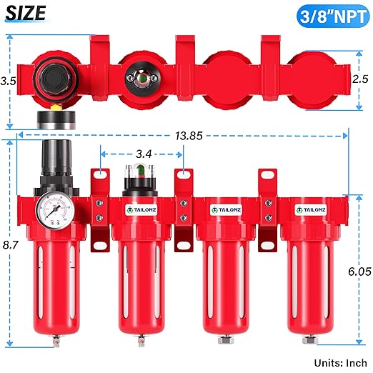 TAILONZ PNEUMATIC 0-150PSI 3/8 Inch NPT Red Industrial Grade 4 Stage Air Drying System, Particulate Filter, Coalescing Filter, Double Desiccant Dryer and Air Regulator (Manual Drainage)