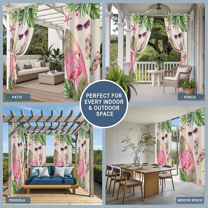 Summer Flamingbirds Outdoor Curtains for Patio Palm Leaves Plumeria Linen Waterproof Outside Curtains with Grommet Top Weatherproof Curtain for Cabana Pergola Gazebo, 2 Pack, 54" W x 84" L
