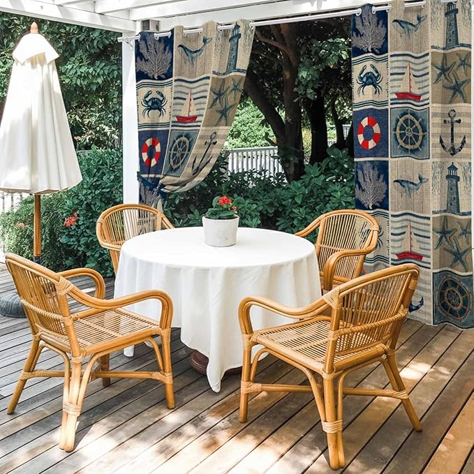Oceans Outdoor Curtains for Patio Shell Starfish Whales Summer Vintage Waterproof Outside Curtains with Grommet Top Weatherproof Curtain for Cabana Pergola Gazebo, 2 Pack, 54" W x 84" L