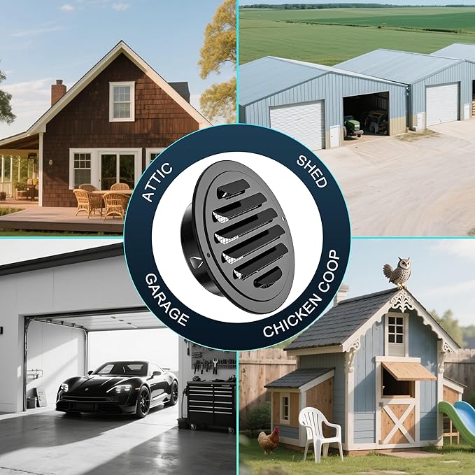 HG Power Stainless Steel Soffit Vents 4 Inch, Black Round Vent Cover with Screen Mesh, Louver Soffit Exhaust Vent for Wall Garage, Kitchen, Attic & House Ventilation, 98mm Diameter