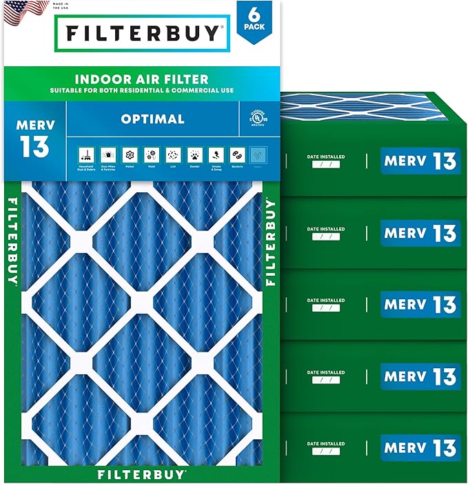 Filterbuy 12x20x4 Air Filter MERV 13 Optimal Smoke & Allergy Defense (6-Pack), Electrostatic Pleated HVAC AC Furnace Filters Replacement, Made in USA (Actual Size: 11.50 x 19.50 x 3.63)