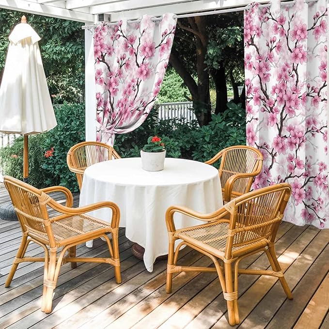 Cherry Flowers Outdoor Curtains for Patio Spring Flower Vintage Watercolor Waterproof Outside Curtains with Grommet Top Weatherproof Curtain for Cabana Pergola Gazebo, 2 Pack, 54" W x 84" L