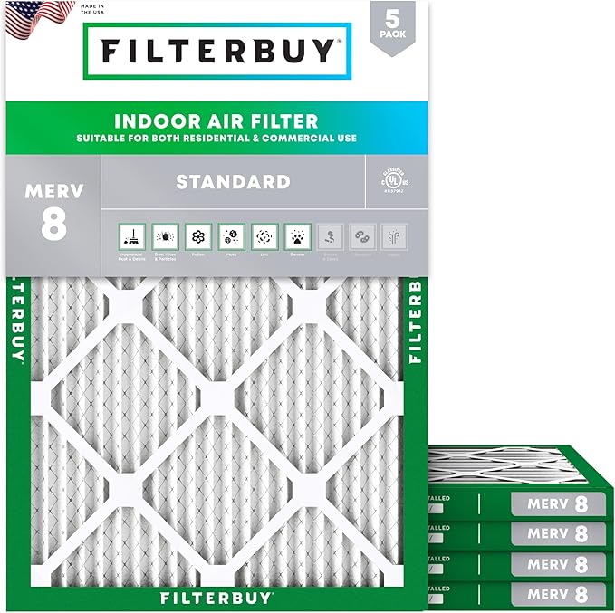 Filterbuy 18x22x1 Air Filter MERV 8 Essential Dust & Allergy Defense (5-Pack), Electrostatic Pleated HVAC AC Furnace Filters Replacement, Made in USA (Actual Size: 17.75 x 21.75 x 0.75)