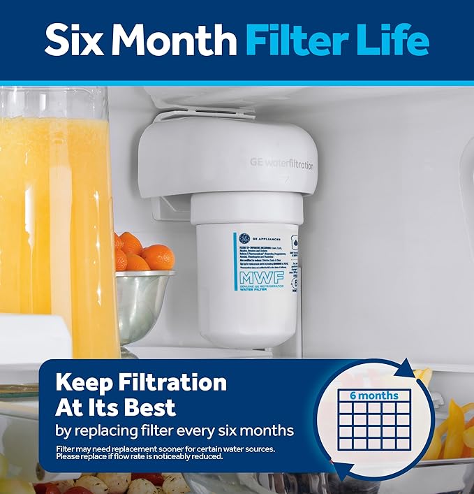 GE MWF™ Refrigerator Water Filter, Genuine Replacement Filter, Certified to Reduce Lead, Microplastics, PFOA/PFOS, and 50+ Other Impurities, Compatible with GE Appliances Brands, Pack of 1