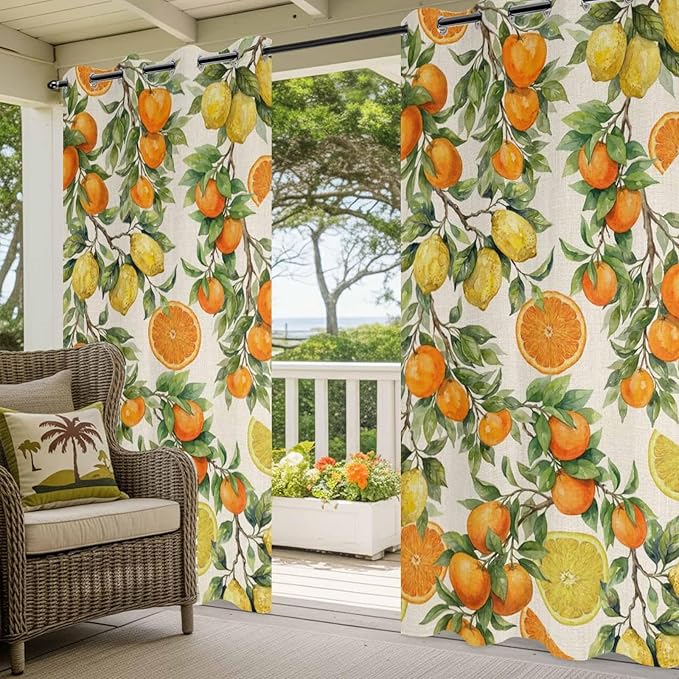 Lemons Yellow Orange Summer Plant Linen Outdoor Curtains for Patio Waterproof Outside Curtains with Grommet Top Weatherproof Curtain for Cabana Pergola Gazebo, 1 Panel, 54" W x 84" L