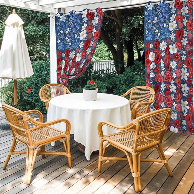 4th of July Outdoor Curtains for Patio Patriotic Flowers Farmhouse Red Waterproof Outside Curtains with Grommet Top Weatherproof Curtain for Cabana Pergola Gazebo, 1 Panel, 54" W x 95" L