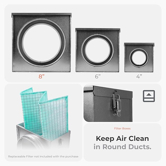 8 Inch Filter Box - Inline Duct Filter for Round Duct - Galvanized Steel Air Filter with EPDM Rubber Seal Gaskets - Intake Filter Ventilation - Ducting Filtration System for Home Improvement