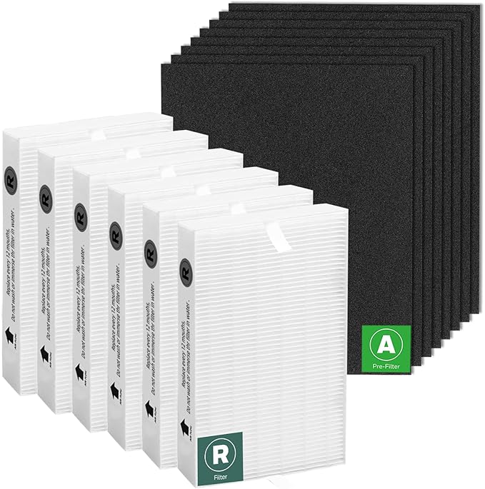 HPA300 HEPA Filter Replacement for Honeywell Air Purifier 6 HEPA R Filters and 8 Pre-cut A Carbon Pre-filter by APPLIANCEMATES