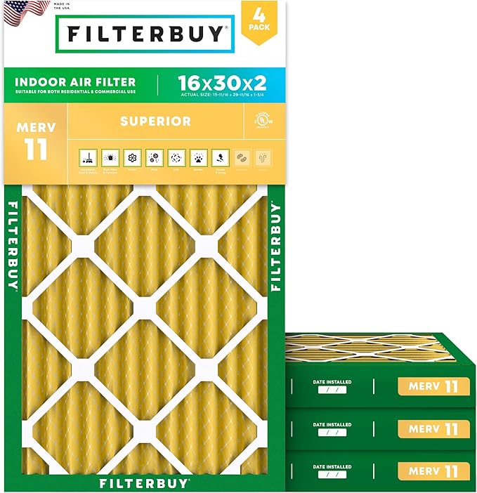 Filterbuy 16x30x2 Air Filter MERV 11 Superior Pet & Allergy Defense (4-Pack), Electrostatic Pleated HVAC AC Furnace Filters Replacement, Made in USA (Actual Size: 15.69 x 29.69 x 1.75)