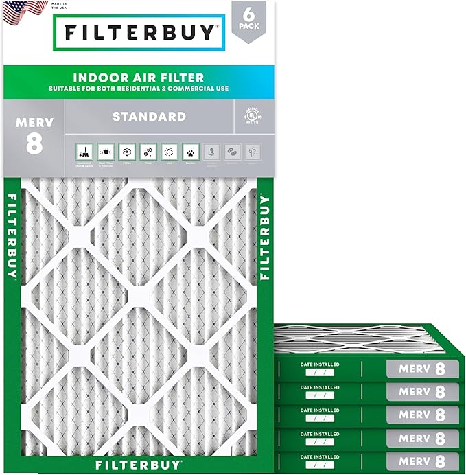 Filterbuy 20x32x1 Air Filter MERV 8 Essential Dust & Allergy Defense (6-Pack), Electrostatic Pleated HVAC AC Furnace Filters Replacement, Made in USA (Actual Size: 20.00 x 32.00 x 0.75)