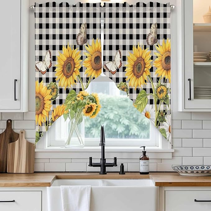 Sunflowers Swag Valances for Windows, Yellow Flowers Butterfly Farmhouse Black Plaid Rod Pocket Kitchen Curtains Valance, Small Window Curtains Swag for Cafe Bathroom Living Room, 2 Panels, 36x36 inch