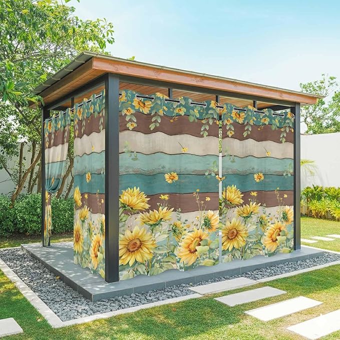 Sunflowers Outdoor Curtains for Patio Summer Floral Eucalyptus Leaves Vintage Wood Waterproof Outside Curtains with Grommet Top Weatherproof Curtain for Cabana Pergola Gazebo, 2 Pack, 54" W x 95" L