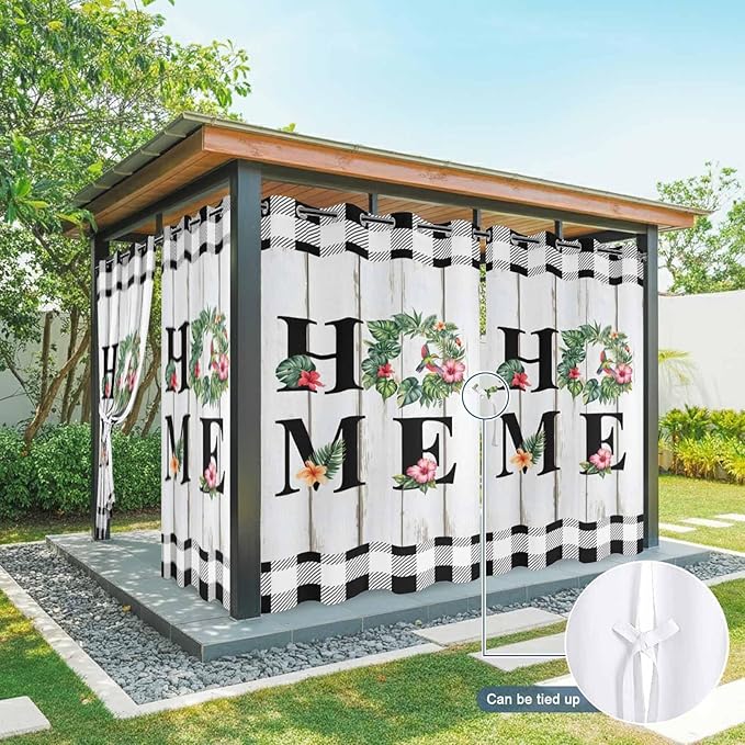 Summer Outdoor Curtains for Patio Leaves Garland Plumeria Wood Buffalo Plaid Waterproof Outside Curtains with Grommet Top Weatherproof Curtain for Cabana Pergola Gazebo, 2 Pack, 54" W x 108" L