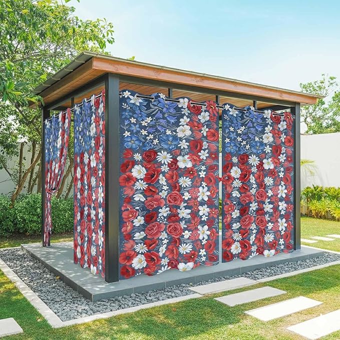 4th of July Outdoor Curtains for Patio Patriotic Flowers Farmhouse Red Waterproof Outside Curtains with Grommet Top Weatherproof Curtain for Cabana Pergola Gazebo, 2 Pack, 54" W x 84" L