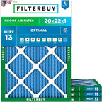 Filterbuy 20x22x1 Air Filter MERV 13 Optimal Smoke & Allergy Defense (4-Pack), Electrostatic Pleated HVAC AC Furnace Filters Replacement, Made in USA (Actual Size: 19.50 x 21.50 x 0.75)