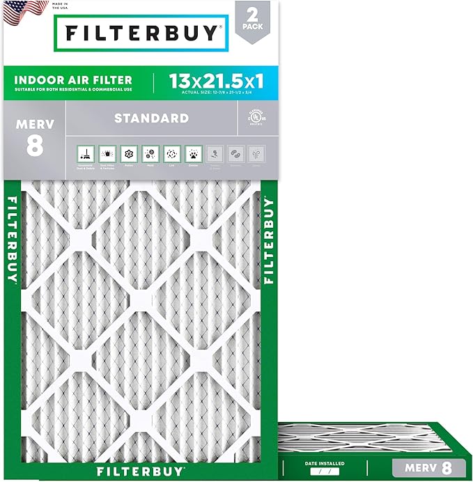 Filterbuy 13x21.5x1 Air Filter MERV 8 Essential Dust & Allergy Defense (2-Pack), Electrostatic Pleated HVAC AC Furnace Filters Replacement, Made in USA (Actual Size: 12.88 x 21.50 x 0.75)