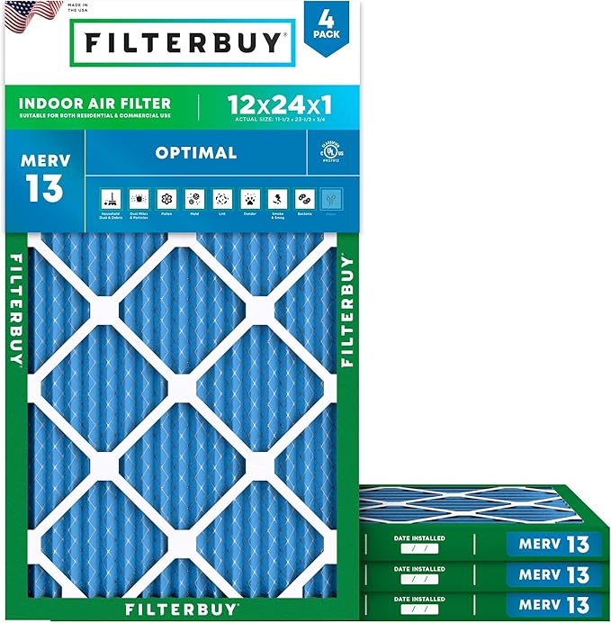 Filterbuy 12x24x1 Air Filter MERV 13 Optimal Smoke & Allergy Defense (4-Pack), Electrostatic Pleated HVAC AC Furnace Filters Replacement, Made in USA (Actual Size: 11.50 x 23.50 x 0.75)
