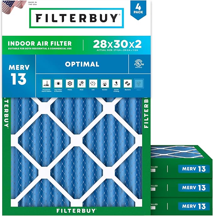 Filterbuy 28x30x2 Air Filter MERV 13 Optimal Smoke & Allergy Defense (4-Pack), Electrostatic Pleated HVAC AC Furnace Filters Replacement, Made in USA (Actual Size: 27.75 x 29.75 x 1.75)