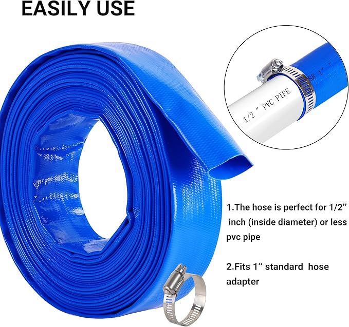 1" x 50 FT Pool Backwash Hose, Blue Heavy Duty Reinforced PVC Lay Flat Water Discharge Hose for Swimming Pool Filter Pump,with 2 Clamp