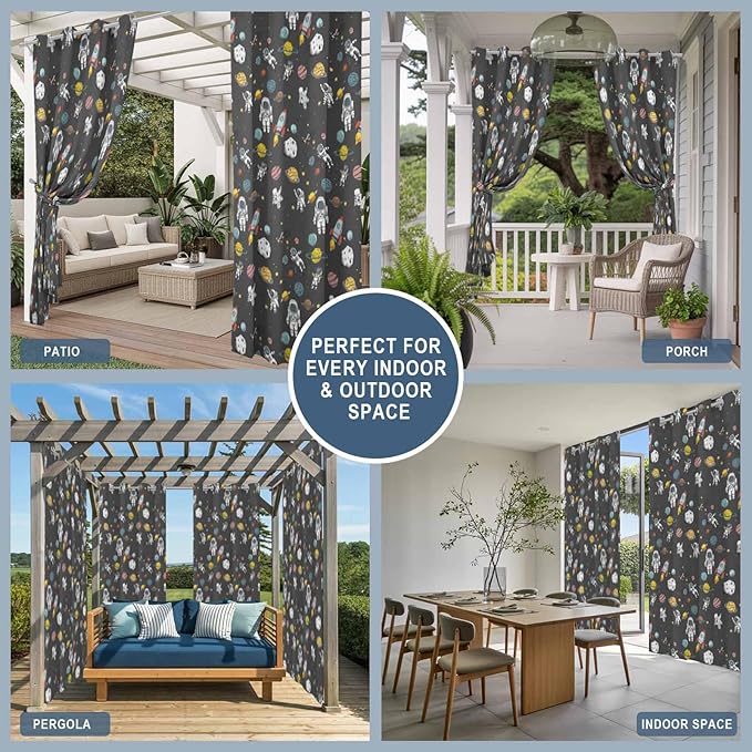 Cartoon Space Outdoor Curtains for Patio Rockets Planets Astronauts Gray Waterproof Outside Curtains with Grommet Top Weatherproof Curtain for Cabana Pergola Gazebo, 1 Panel, 54" W x 108" L