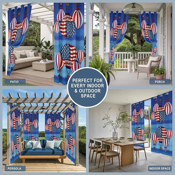 Independence Day Waterproof Outdoor Curtains for Patio, Windproof Weatherproof Curtains with Weighted Hem, Hot Air Balloon Patriotic Star Light Filtering Privacy Drapes for Porch 54"x 108"