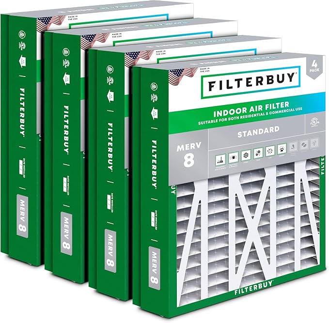 Filterbuy 21x21.5x5 Air Filter MERV 8 Essential Dust & Allergy Defense (4-Pack), Pleated HVAC AC Furnace Filters for Trane Perfect Fit & American Standard (Actual Size: 20.00 x 21.09 x 4.97)