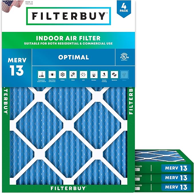 Filterbuy 30x36x1 Air Filter MERV 13 Optimal Smoke & Allergy Defense (4-Pack), Electrostatic Pleated HVAC AC Furnace Filters Replacement, Made in USA (Actual Size: 29.81 x 35.81 x 0.75)