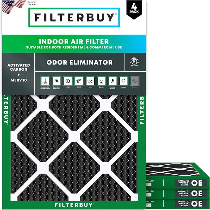 Filterbuy 16x18x1 Air Filter MERV 10 Odor & Allergy Defense with Activated Carbon (4-Pack), Electrostatic Pleated HVAC AC Furnace Filters Replacement, Made in USA (Actual Size: 15.50 x 17.50 x 0.75)